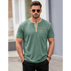 Men'S Henley Shirt Casual Button Short Sleeve T-Shirt Summer Patchwork Color Block Tee Shirts