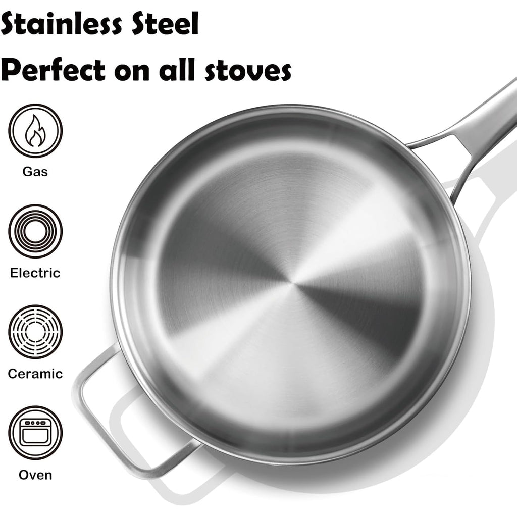 Vocvoi Stainless Steel Pan With Lid, 6 Qt Stainless Steel Saute Pan, 12 Inch Frying Pan, Pfoa & Ptfe Free, Tri-Ply Skillet, Stainless Steel Pot, Dishwasher & Oven Safe, Works On All Cooktops