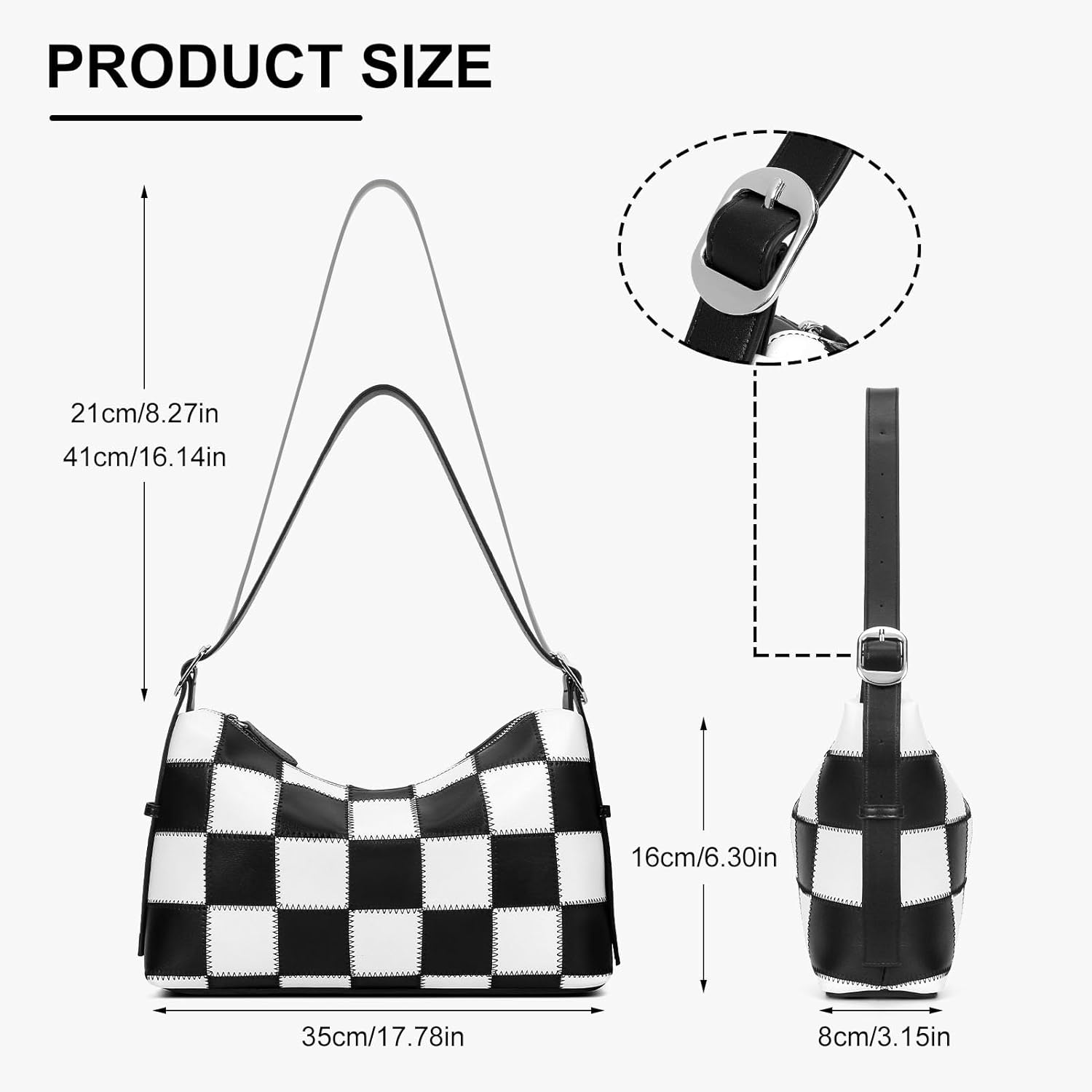 hibear Checkered Shoulder Bag for Women Classic Black and White Purse Trendy Crossbody Purse Leather Totes Hobo Handbag