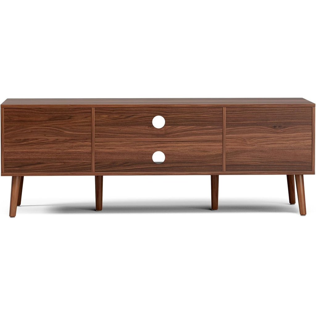 Tv Stand With Fluted Doors For Tvs Up To 65", Mid-Century, Walnut | 54.3"W X 15.3"D X 19.6"H, 150 Lbs Capacity, 2 Fluted Door Cabinets & 2 Adjustable Shelves, Cable Holes, 5 Tapered Legs