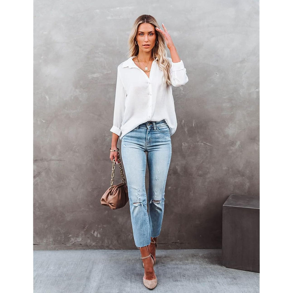 Diosun Womens Button Down V Neck Shirts Long/Short Sleeve Office Casual Business Plain Blouses Tops