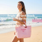 Personalized Striped PVC Tote Bag for Women w/ Name, Custom Waterproof Stylish Plastic Glossy Bag for Beach Pool Large Plaid Letters Print Hobo Handbag for Summer Vacation Travel, Girls Trip Gift