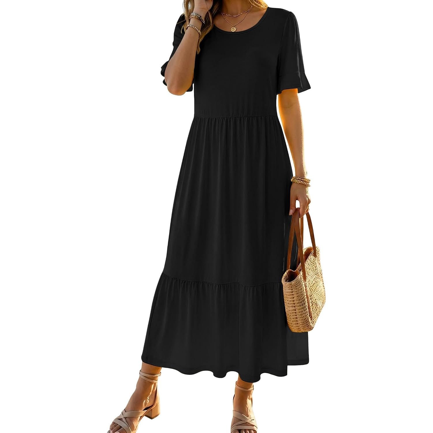 Zeagoo Womens Summer Dresses 2026 Casual Midi Dress Flowy Sundress Ruffle Short Sleeve Tiered Dresses A Line Boho Dress