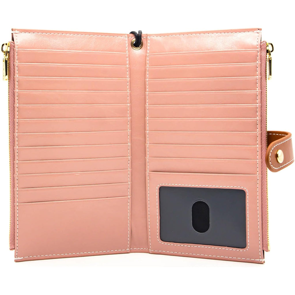 ANDOILT Women's Genuine Leather Wallet RFID Blocking Credit Card Holder Zipper Purse Cell Phone Handbag