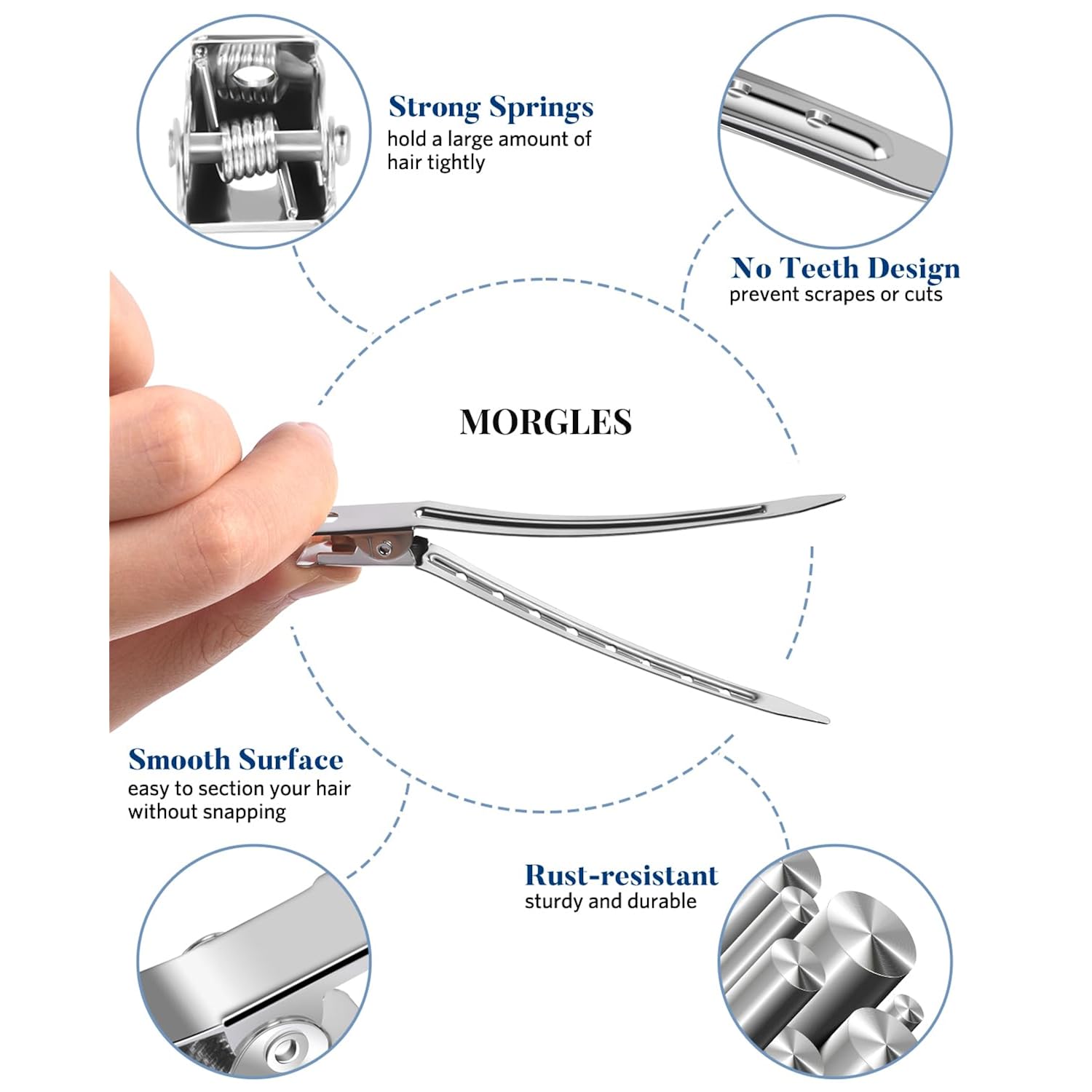 Morgles 70Pcs Metal Hair Styling Clips Set With Rat Tail Combs For Styling | No-Crease Alligator Clips In 3 Sizes, 2 Carbon Combs & Case, For Coloring, Braiding, Locs, & All Hair Types