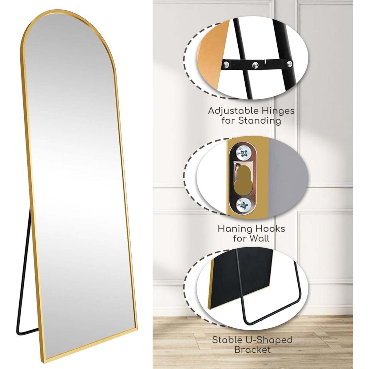 Arched Full Length Mirror, 70"X26" Free Standing Floor Mirror, Modern Full Body Mirrors With Stand, Wall Mirrors With Aluminum Alloy Frame For Bedroom,Living Room, Gold