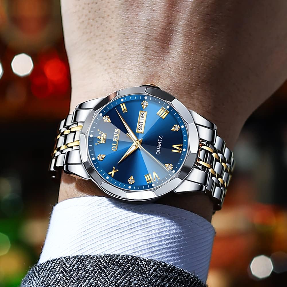 Olevs Watch For Men Diamond Business Dress Analog Quartz Stainless Steel Waterproof Luminous Date Two Tone Luxury Casual Wrist Watch Blue