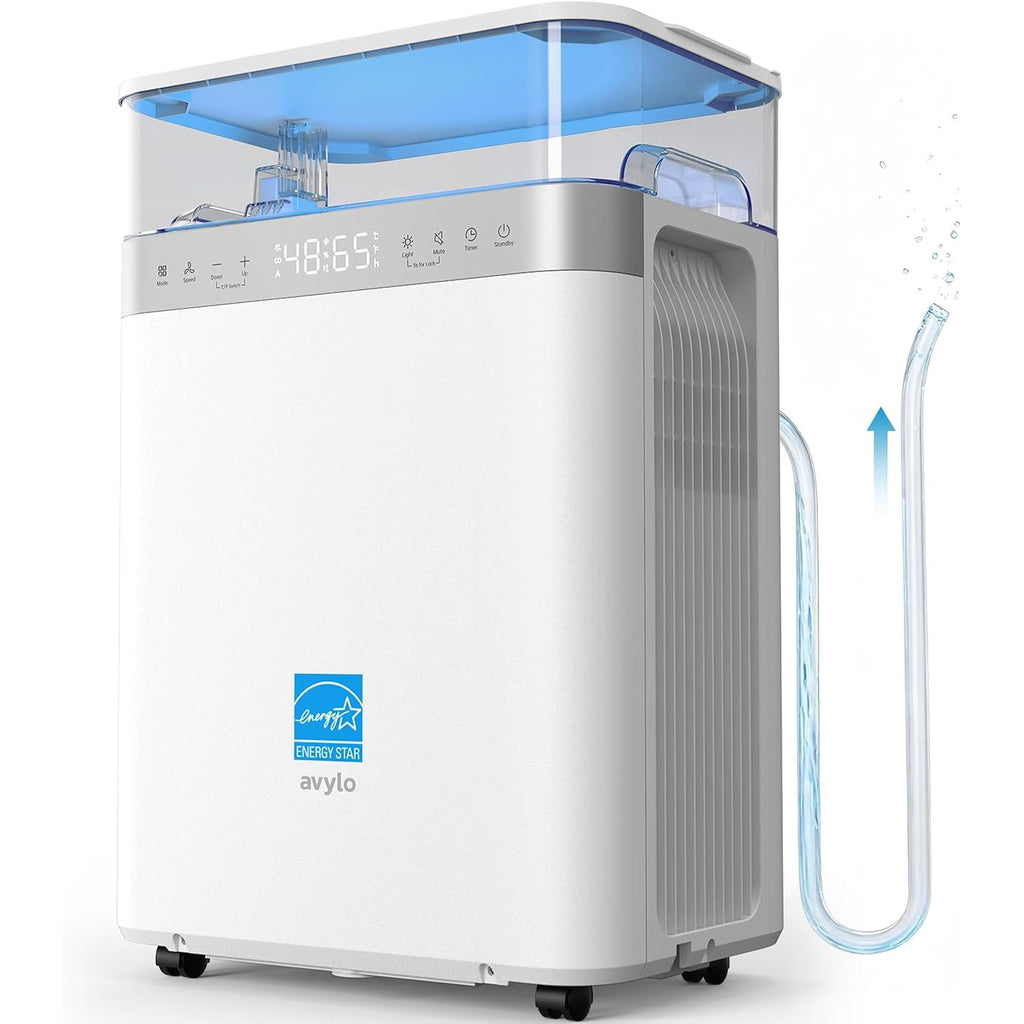 Avylo Dehumidifier For Basement With Pump And Hose, Max 90 Pints/D, White | Energy Star Most Efficient 2025,5000 Sq.Ft Dehumidifier,Top Mounted 2.11Gal Tank,3 Drainage Option,Auto Shut Off,Auto Defrost