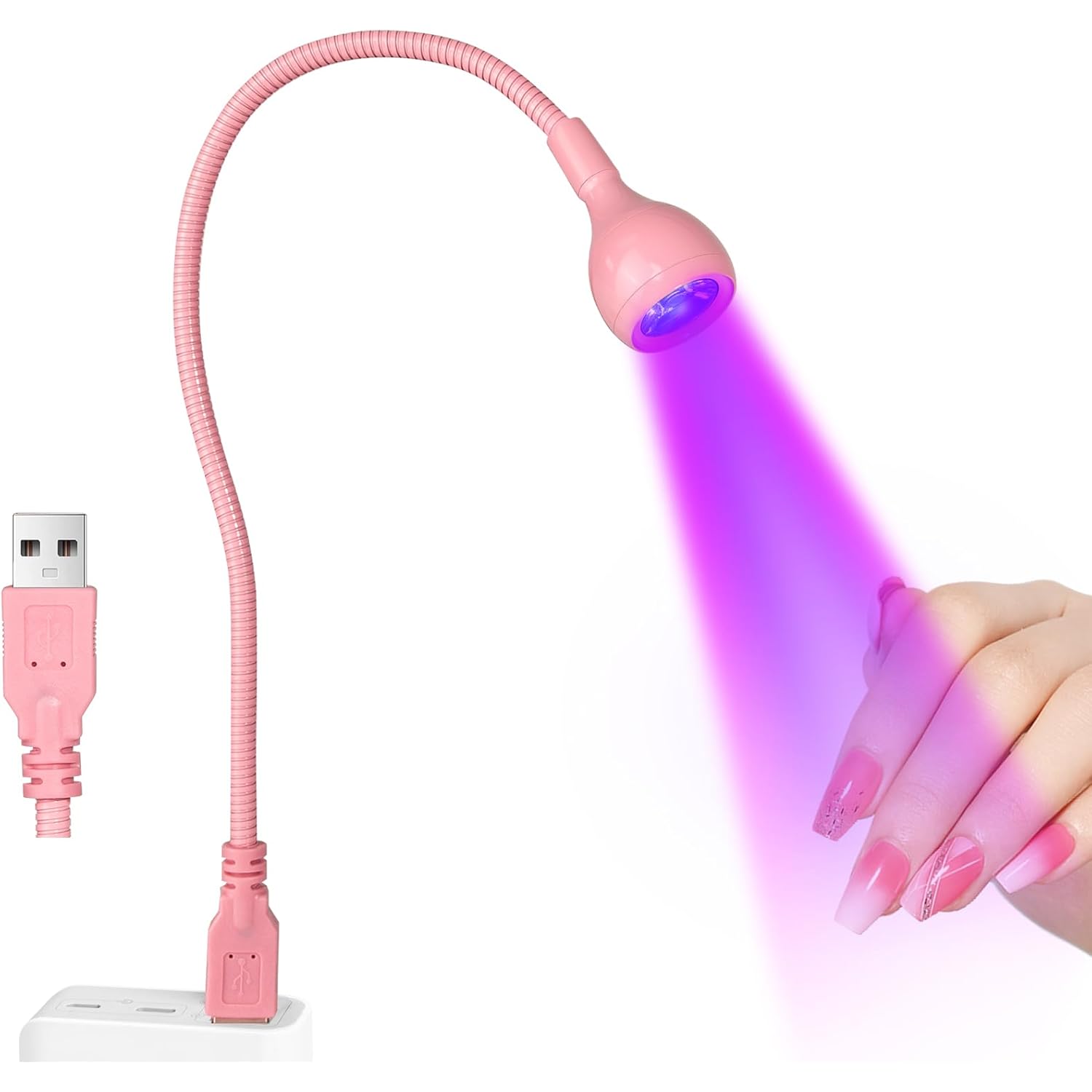 AORAEM UV LED Nail Lamp, 3W Portable Duck Neck UV Nail Lamps Dryer Gel Polish Curing Light with Pink Gooseneck for Gel Nails Tips USB Plug Play Nails Salon and Home DIY