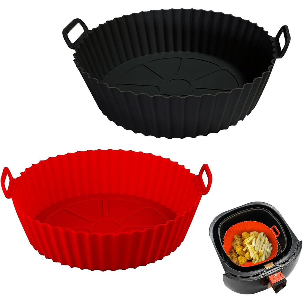 Air Fryer Silicone Liners Pot,8 Inch Air Fryer Basket Liners, Silicone Baking Tray Pots For 3 To 5 Qt For Air Fryer Oven Reusable Baking Tray Oven Accessories (Red+Black)