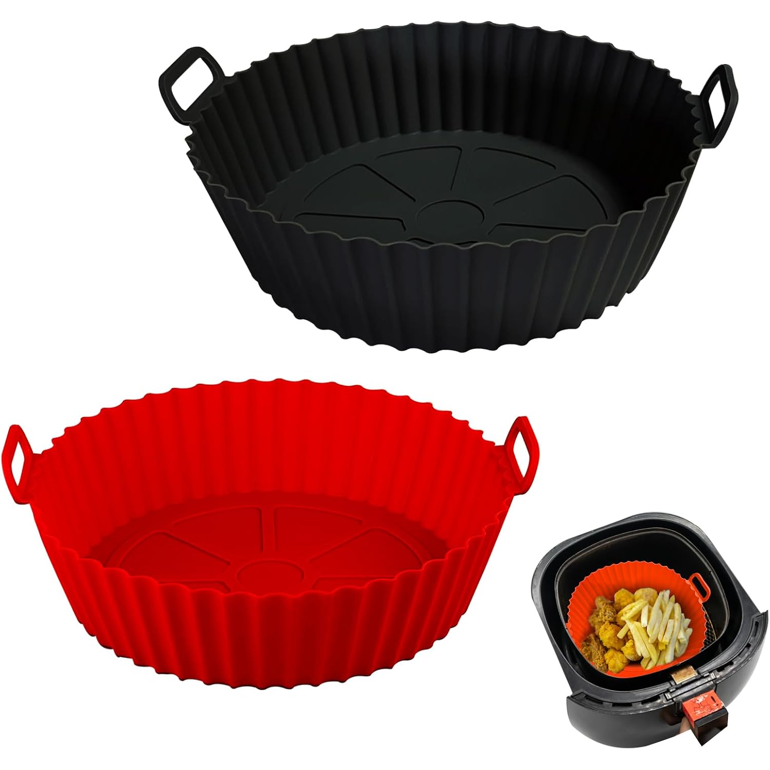 Air Fryer Silicone Liners Pot,8 Inch Air Fryer Basket Liners, Silicone Baking Tray Pots For 3 To 5 Qt For Air Fryer Oven Reusable Baking Tray Oven Accessories (Red+Black)