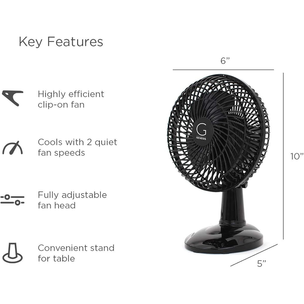 Genesis 6-Inch Clip Convertible Table-Top & Clip Fan Two Quiet Speeds - Ideal For The Home, Office, Dorm, More Black (A1Clipfanblack