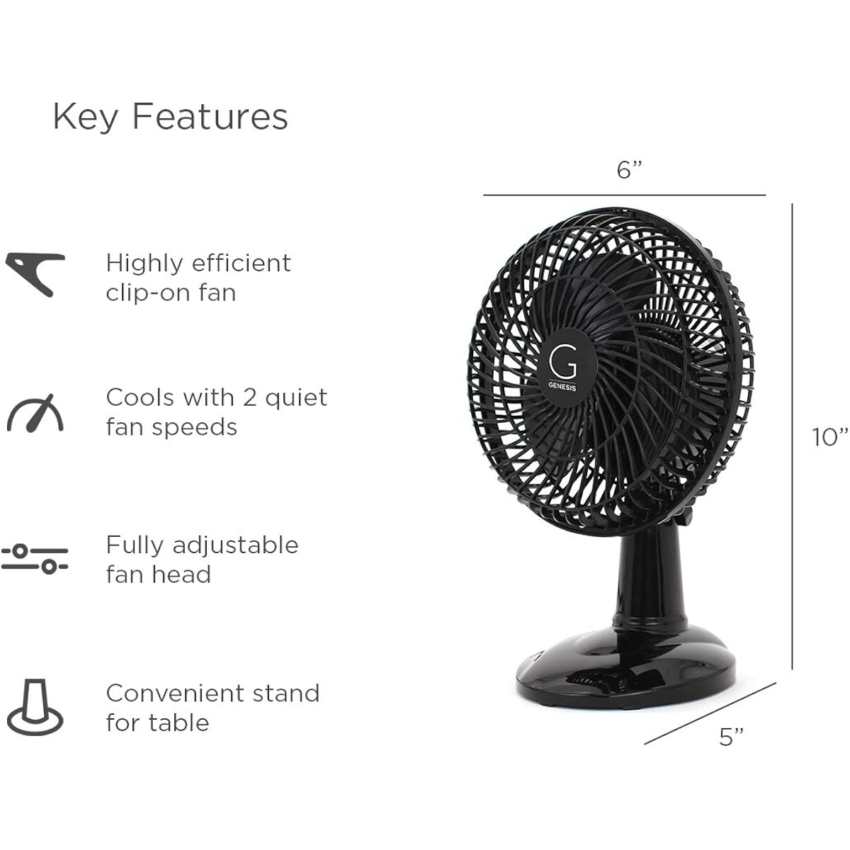 Genesis 6-Inch Clip Convertible Table-Top & Clip Fan Two Quiet Speeds - Ideal For The Home, Office, Dorm, More Black (A1Clipfanblack