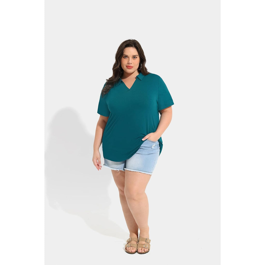 Plus Size Collared Polo Shirts Summer Short Sleeve V Neck Business Tops for Women XL-5XL