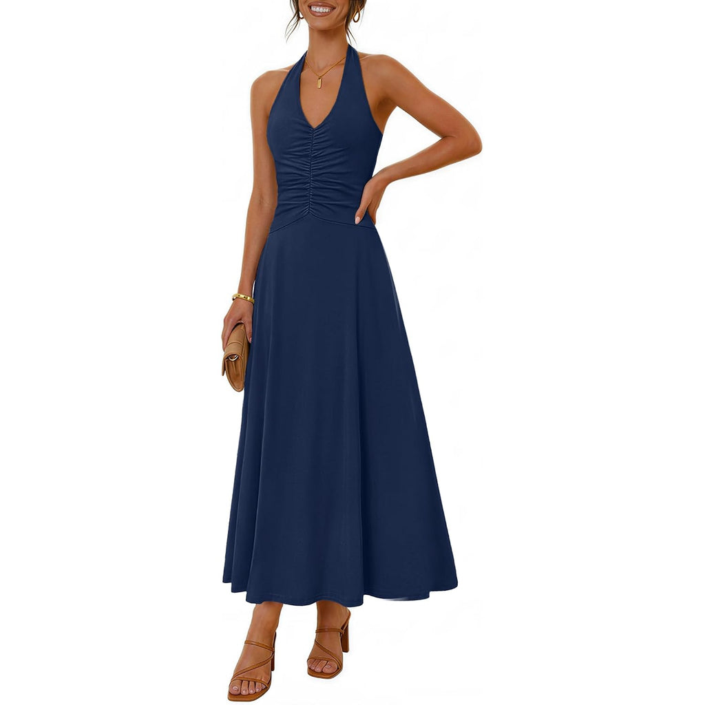 Merokeety Women'S Formal Halter Maxi Dress 2026 Summer Backless Sleeveless V Neck Ruched Cocktail Wedding Guest Dresses