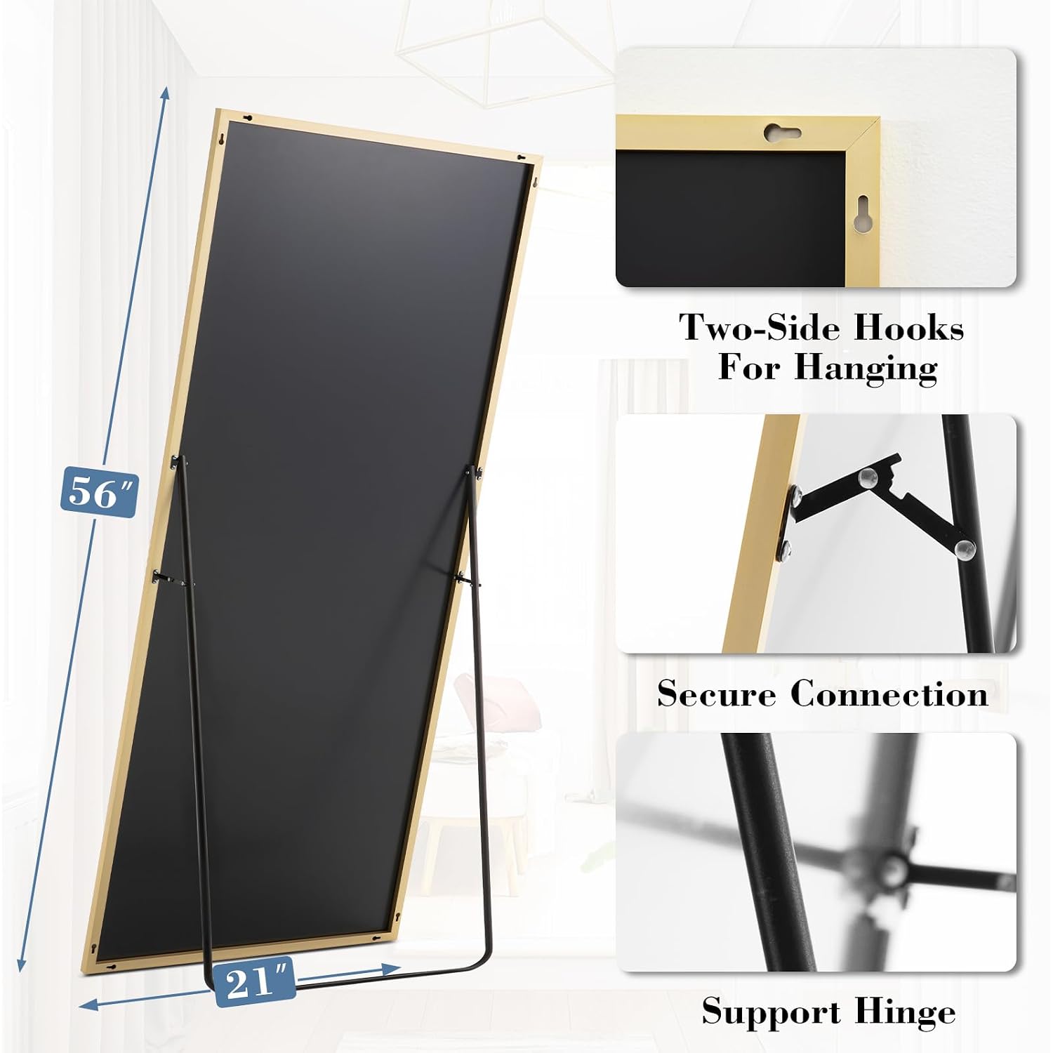 Dumos 64"X21" Full Length Mirror With Stand, Floor Standing Aluminum Frame, Shatterproof Nano Glass For Bedroom, Living Room, Cloakroom Modern Simple Home Decor, Can Be Hanging, Leaning Or Wall, Gold