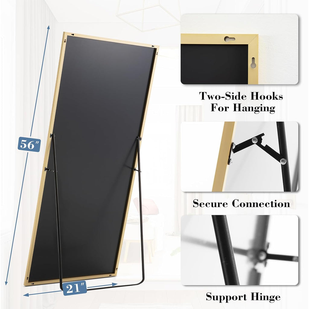 Dumos 64"X21" Full Length Mirror With Stand, Floor Standing Aluminum Frame, Shatterproof Nano Glass For Bedroom, Living Room, Cloakroom Modern Simple Home Decor, Can Be Hanging, Leaning Or Wall, Gold