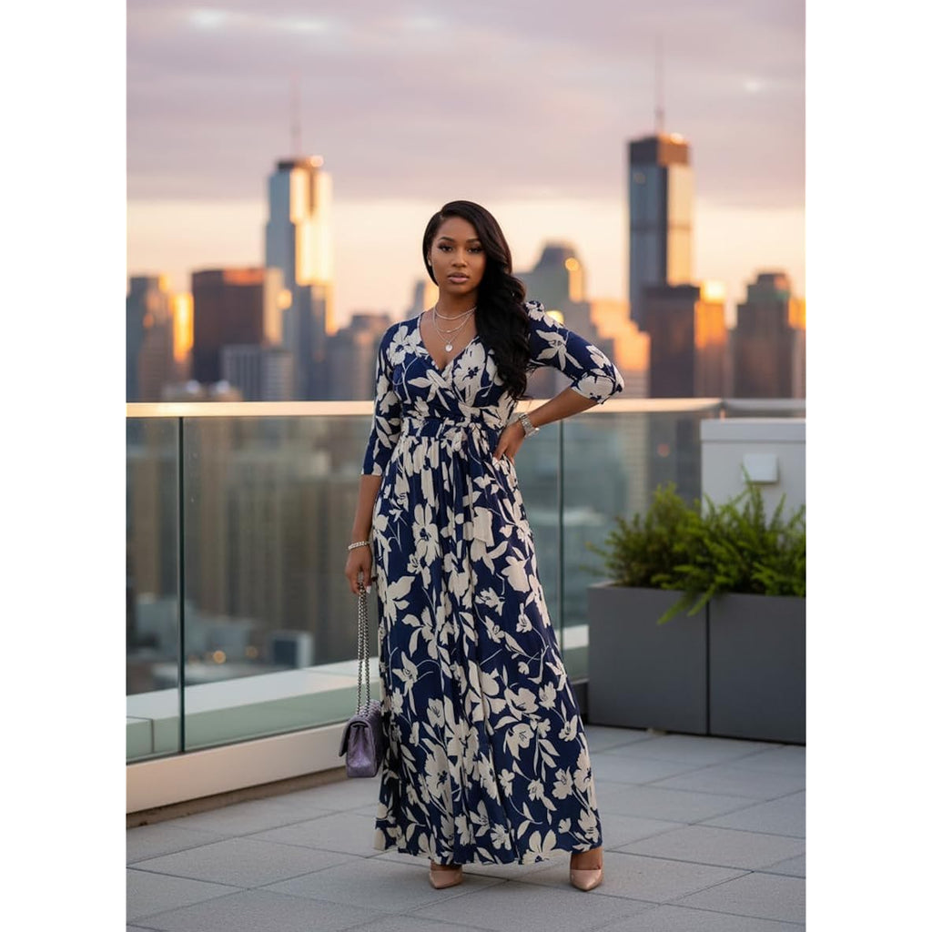 Yajedo Womens Casual Summer Maxi Dress Plus Size Sexy Wrap V Neck 3/4 Sleeve Sundress With Pockets