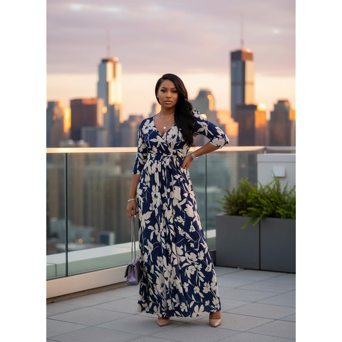 Yajedo Womens Casual Summer Maxi Dress Plus Size Sexy Wrap V Neck 3/4 Sleeve Sundress With Pockets