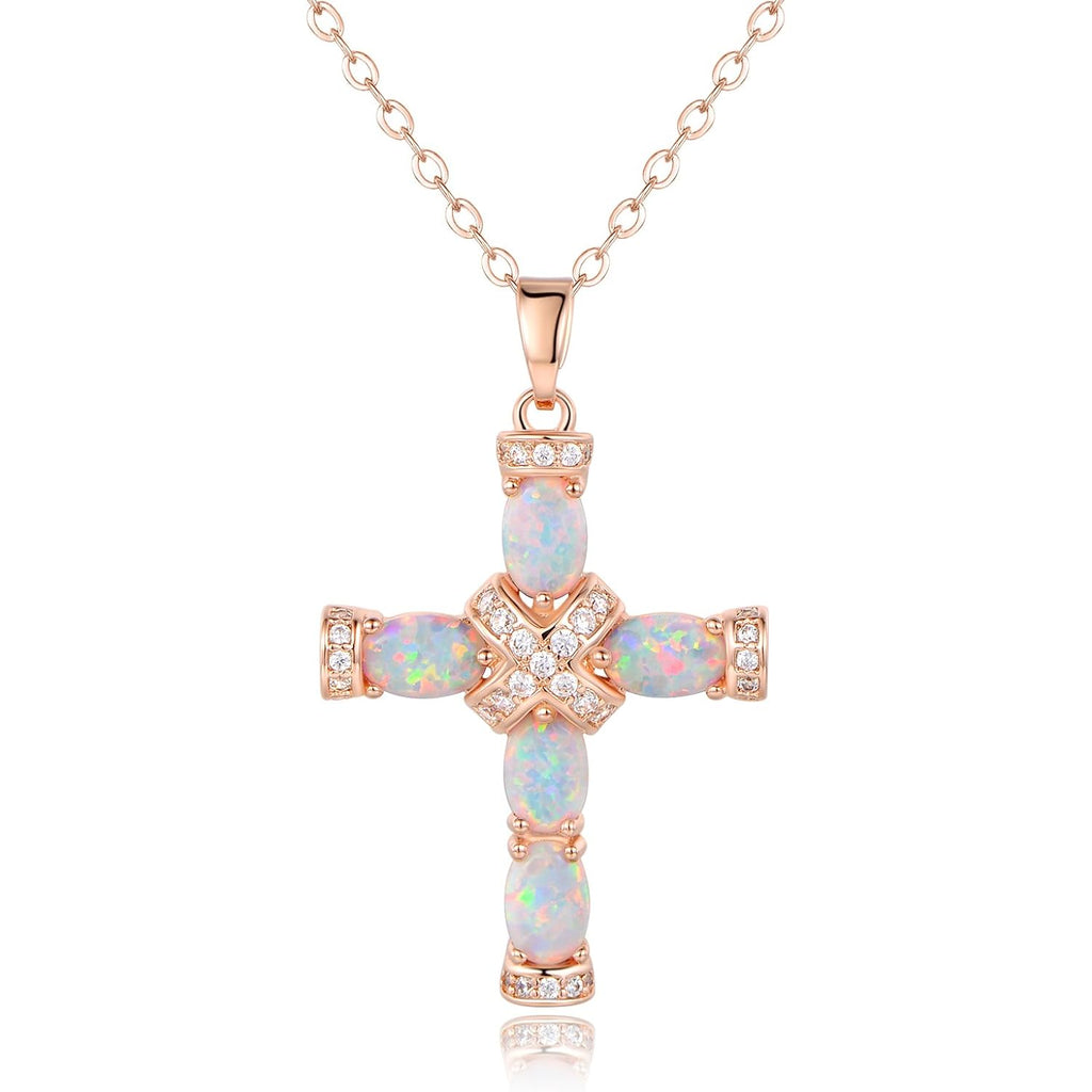 Barzel 18K Gold Plated Created Opal Cross with Chain, 18 Inches with 2 Inches Extension