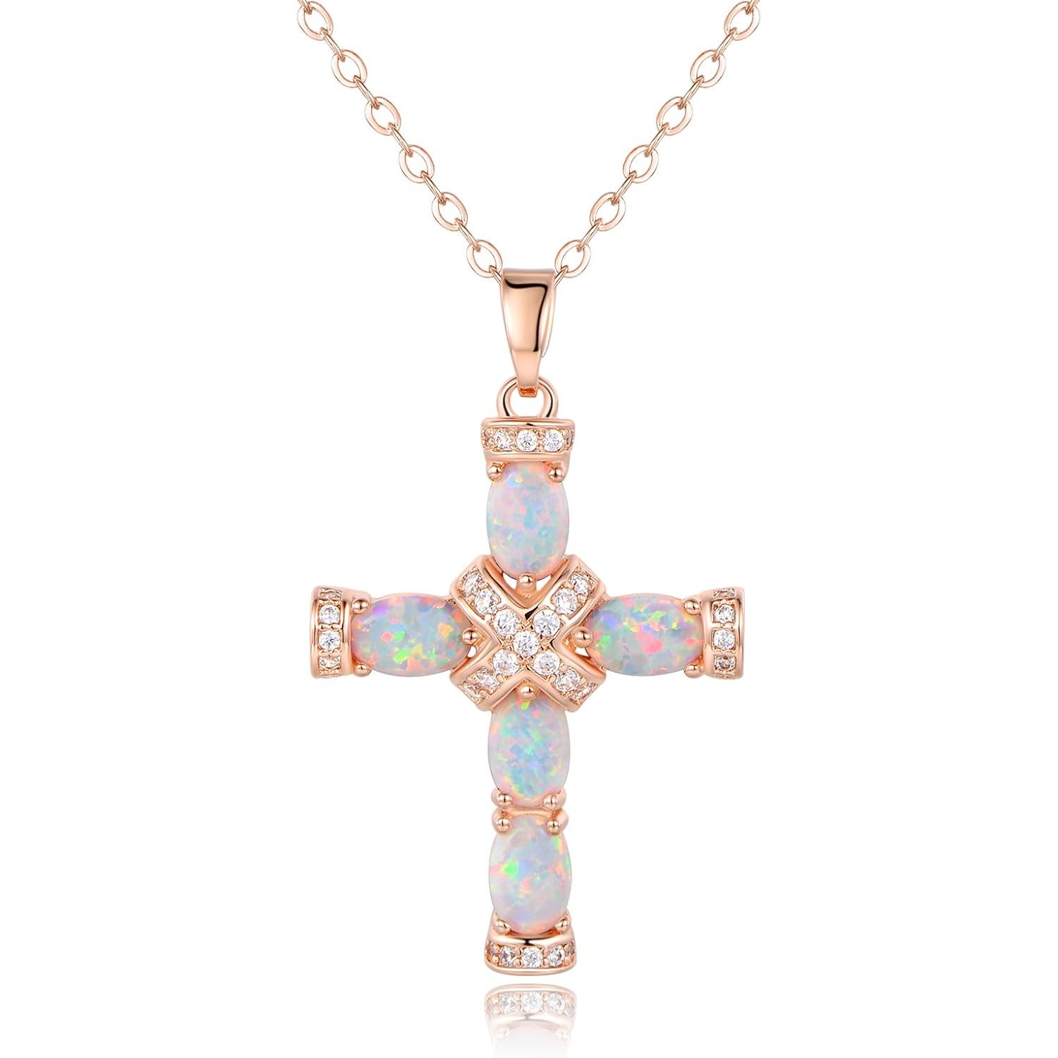 Barzel 18K Gold Plated Created Opal Cross with Chain, 18 Inches with 2 Inches Extension