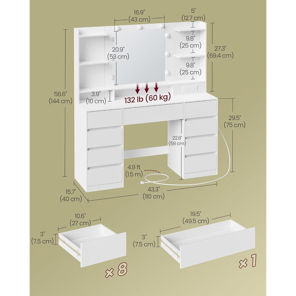 Vasagle Kailyn Collection - Vanity Desk With Mirror And 9 Led Bulbs, Modern Vanity Makeup Table With Power Outlets, Dressing Table With 9 Drawers, For Bedroom, Cloud White Urdt141Wb01S