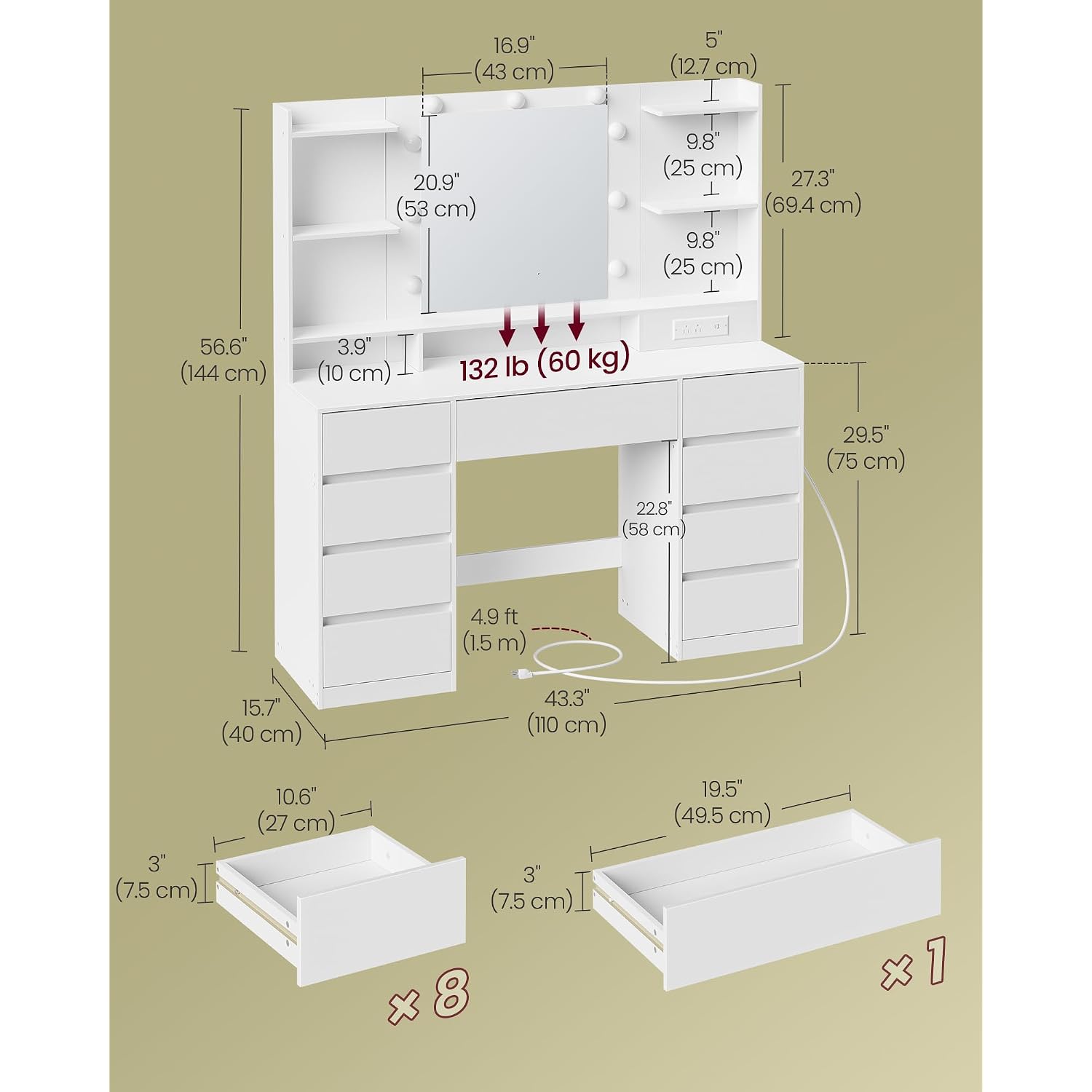 Vasagle Kailyn Collection - Vanity Desk With Mirror And 9 Led Bulbs, Modern Vanity Makeup Table With Power Outlets, Dressing Table With 9 Drawers, For Bedroom, Cloud White Urdt141Wb01S