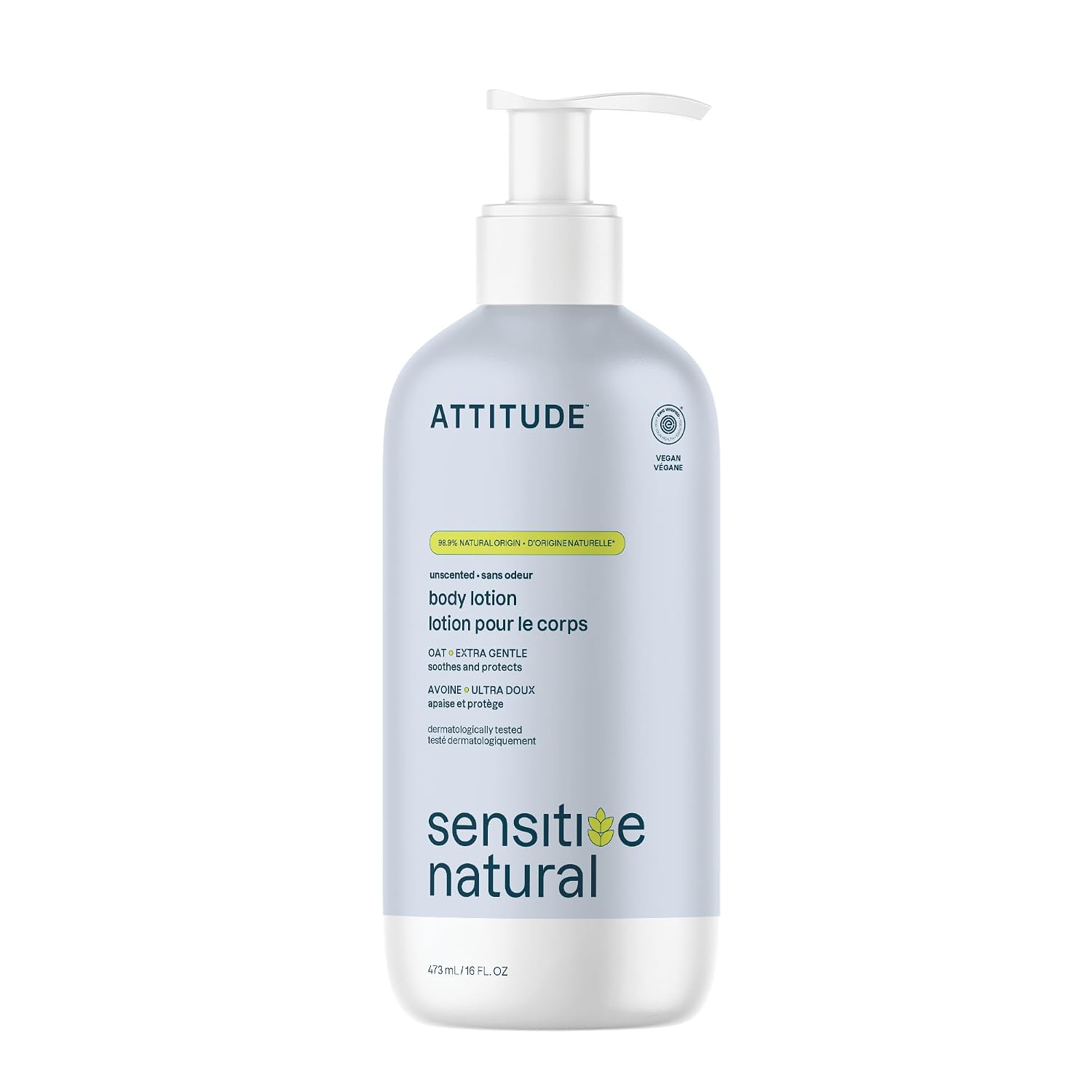 Attitude Sensitive Skin Body Lotion, Fragrance-Free, Soothing Oat Formula, Hydrating Care For Dry Skin, Ewg Verified, Dermatologically Tested, Vegan, Unscented, 16 Fl Oz