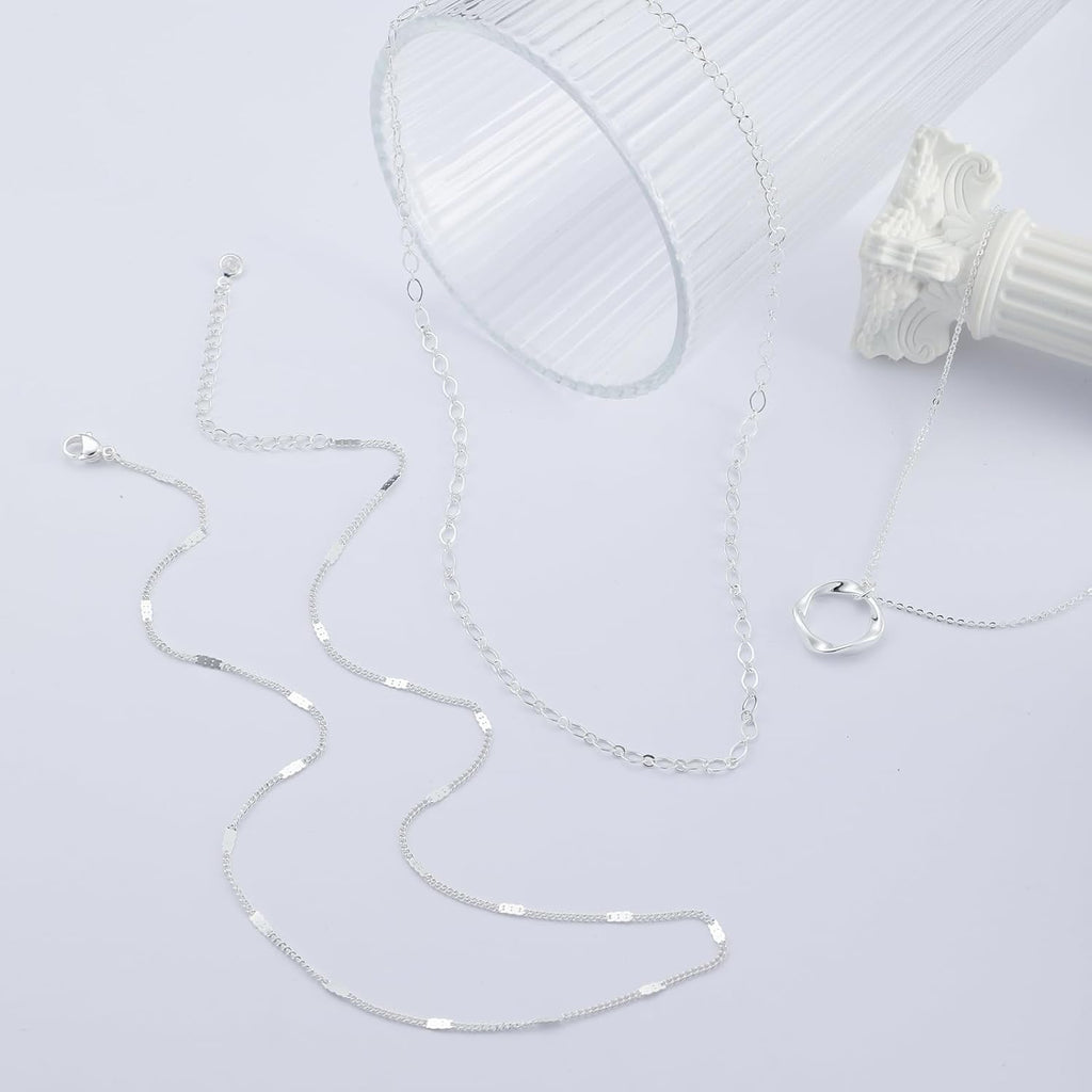 Cuzmly Layered Silver Necklaces for Women, Sterling Silver Stackable Stack Choker Necklaces for Women Trendy Layering Circle Pendant Chain Necklace Set Jewelry for Women