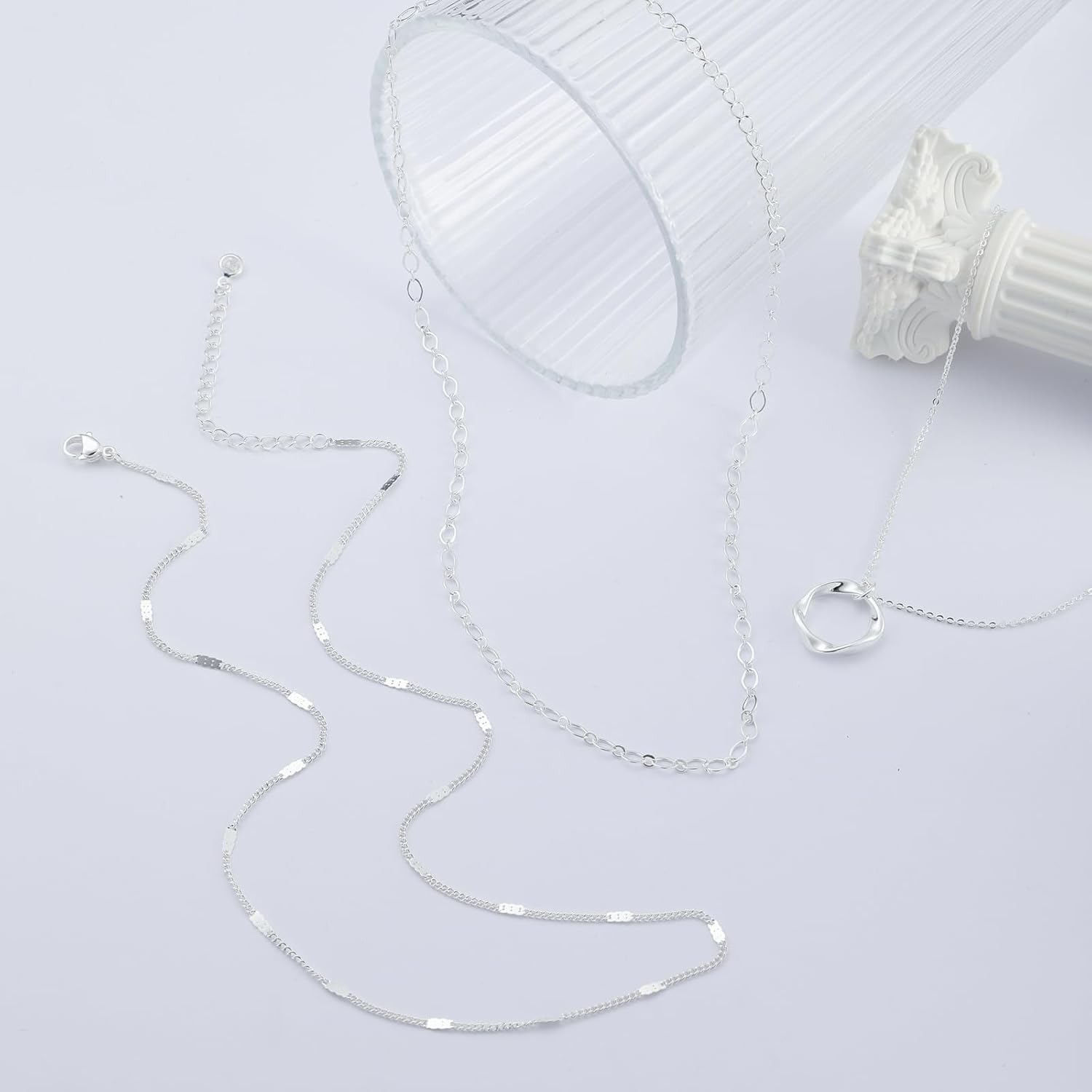 Cuzmly Layered Silver Necklaces for Women, Sterling Silver Stackable Stack Choker Necklaces for Women Trendy Layering Circle Pendant Chain Necklace Set Jewelry for Women