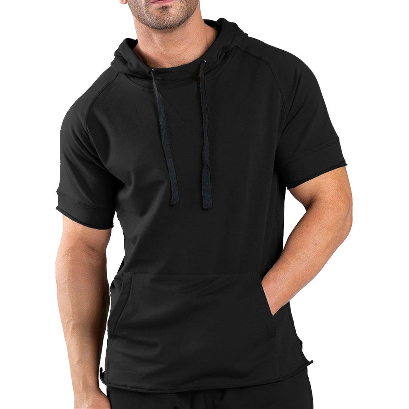 Coofandy Men'S Short Sleeve Hoodie Workout Gym Sweatshirt Muscle Fit Fashion Athletic Hoodies Pullover Cotton Hooded T-Shirts