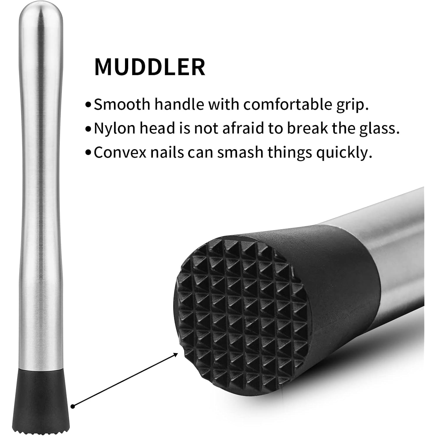tifanso Muddler for Cocktails, 10" Muddler and Long Handle Bar Cocktail Mixing Spoon, Stainless Steel Stirrer, Bar Accessories Tools for Mojitos Fruit Drinks