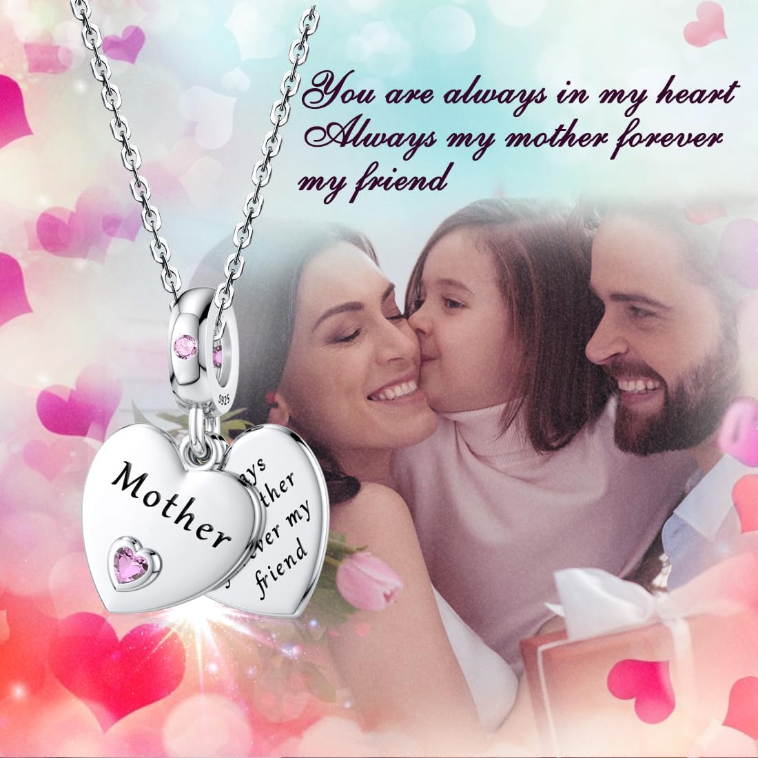 JIAYIQI Mother Sister Daughter Wife Charms Fit Charms Bracelet Necklace with Double Heart Love Charms 925 Sterling Silver Beads for Women Jewelry