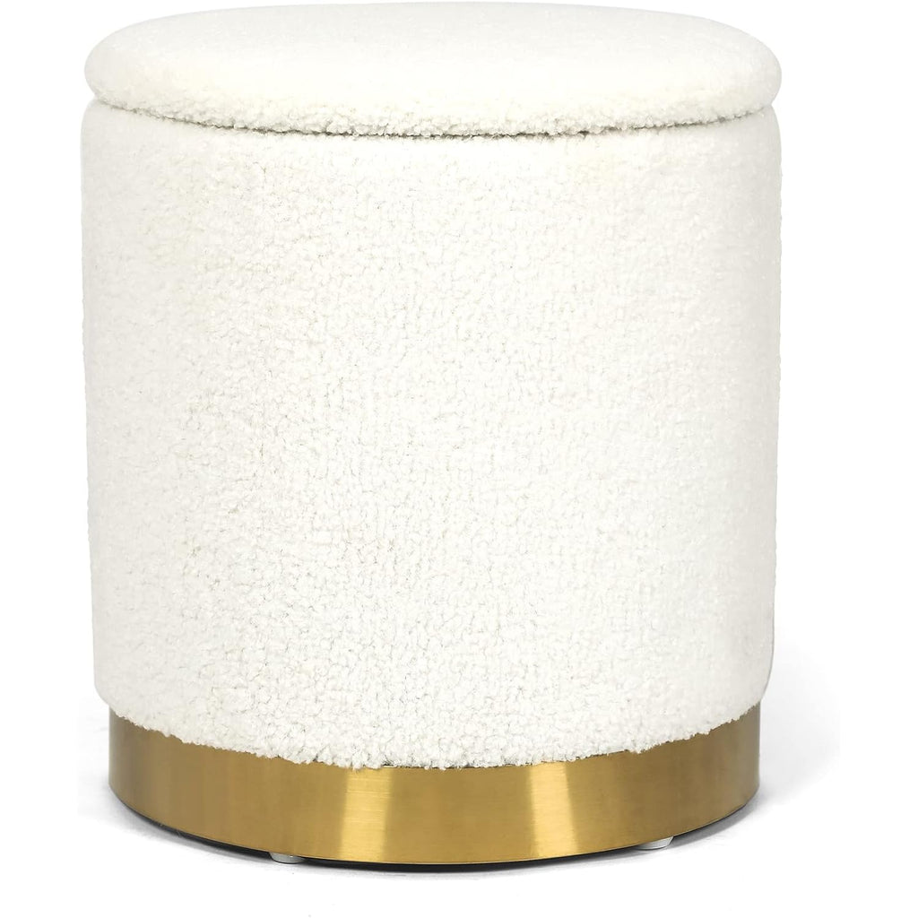 Boucle Round Ottoman With Storage,Vanity Stool With Storage For Bedroom, Ottoman Coffee Table,Small Boucle Foot Stool For Living Room, White With Gold Plating Base