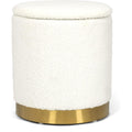 Boucle Round Ottoman With Storage,Vanity Stool With Storage For Bedroom, Ottoman Coffee Table,Small Boucle Foot Stool For Living Room, White With Gold Plating Base