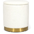 Boucle Round Ottoman With Storage,Vanity Stool With Storage For Bedroom, Ottoman Coffee Table,Small Boucle Foot Stool For Living Room, White With Gold Plating Base
