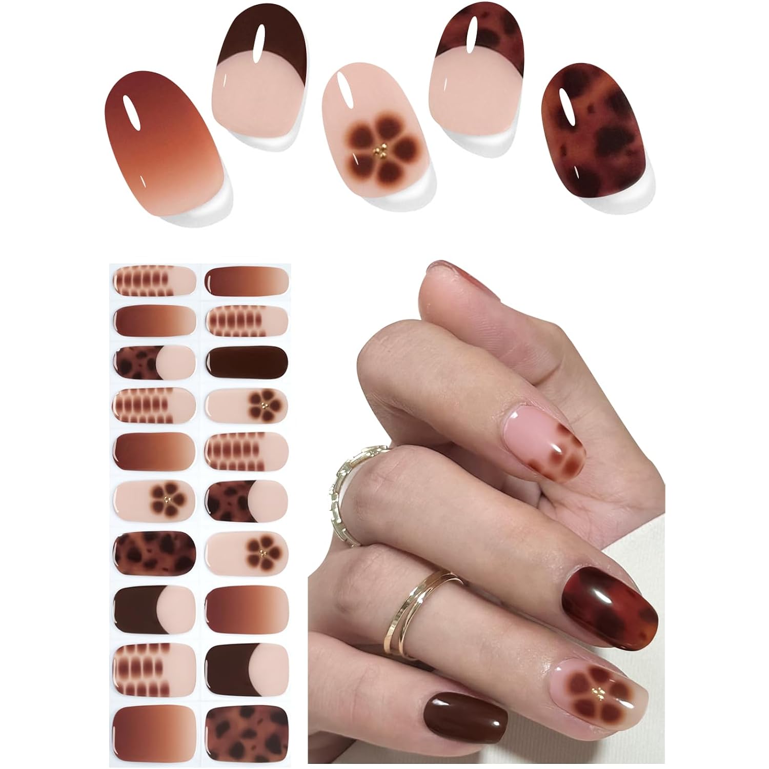 Semi Cured Gel Nail Strips, Khaki Leopard 20pcs Adhesive UV Sticker, Wraps for Home Manicure DIY