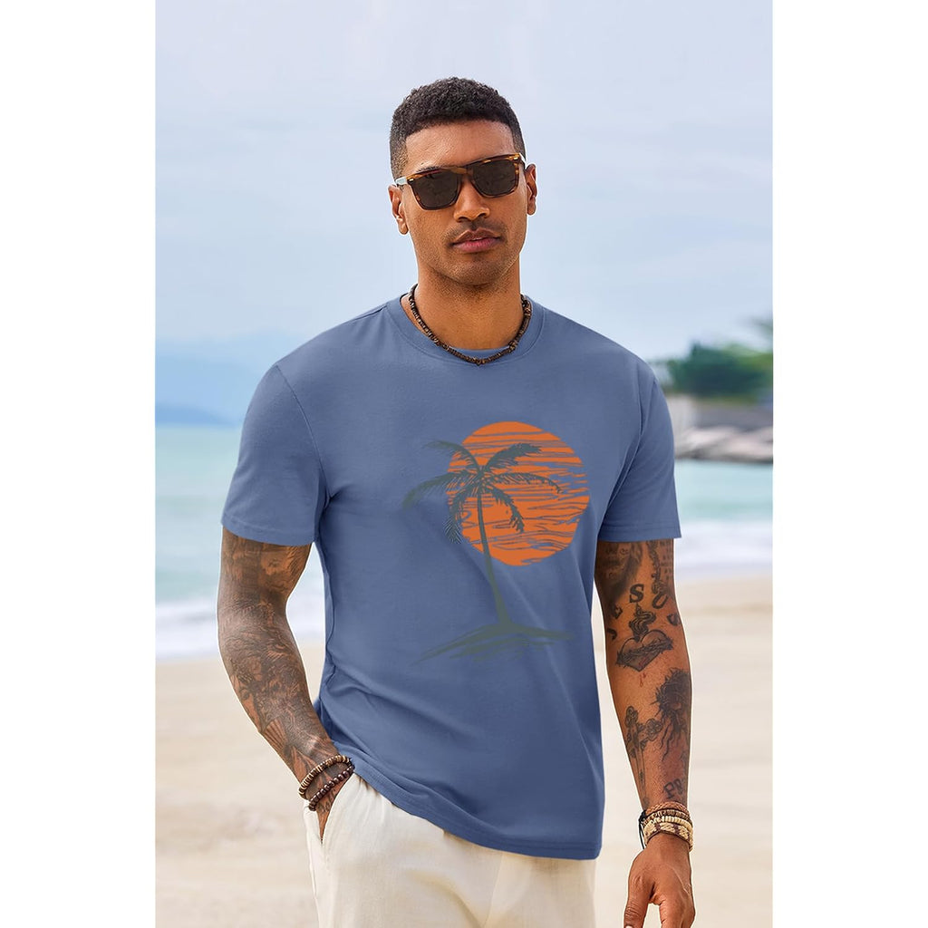 Runcati Mens Short Sleeve T-Shirts Graphic Crew Neck Casual Shirt Summer Beach Palm Tree Printed Vintage Hawaiian Tees