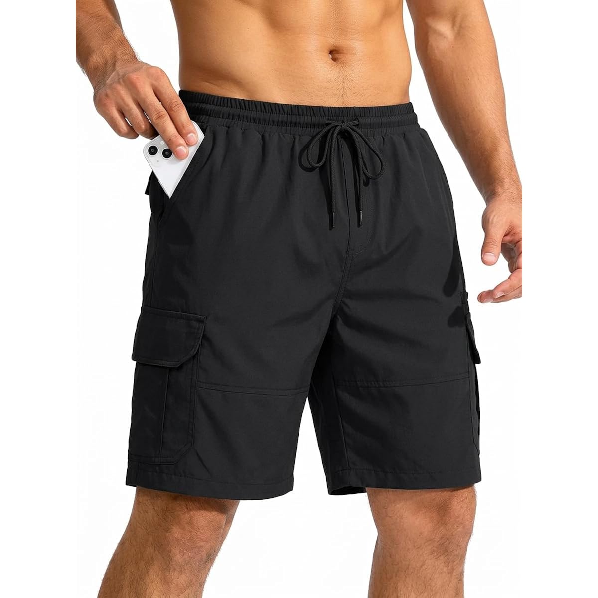 Uni Clau Men'S Elastic Waist Cargo Shorts 6 Pockets Utility Hiking Shorts | Waistband Drawstring，Casual Beach Shorts,Summer Lightweight Athletic Work ,Multi Functional Shorts,Machine Washed