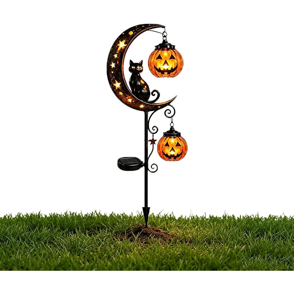 Solar Halloween Black Cat & Pumpkin Moon Garden Stake Light, Outdoor Waterproof Led Yard Decoration With Crescent Moon, Hanging Jack-O'-Lantern Lantern For Garden, Patio, Walkway, Porch (Style C)