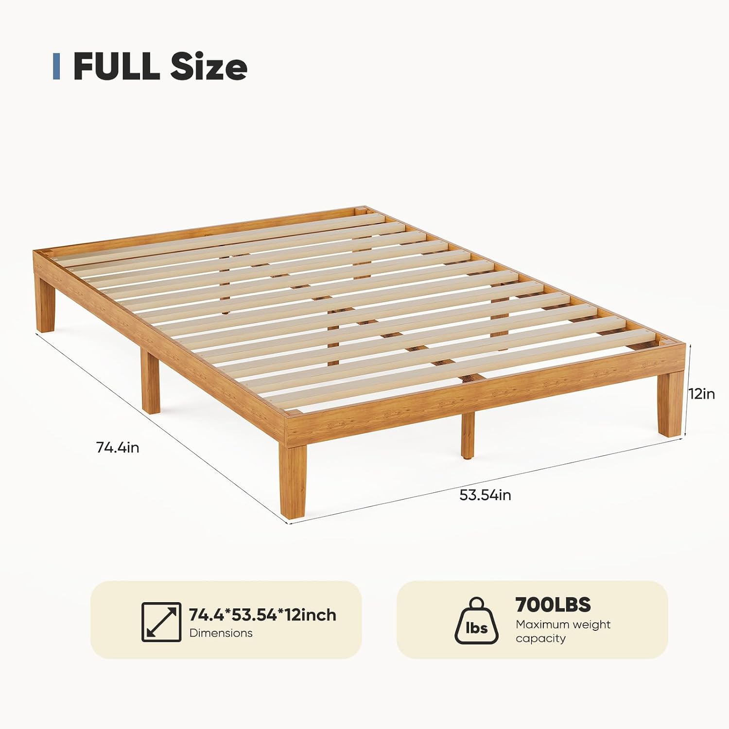 Dumos Full Size Bed Frame, Solid Wooden 12In Platform Bed Base With Sturdy Wood Slat Support, Noise-Free Design, No Box Spring Needed, Easy Assembly, Natural Pine