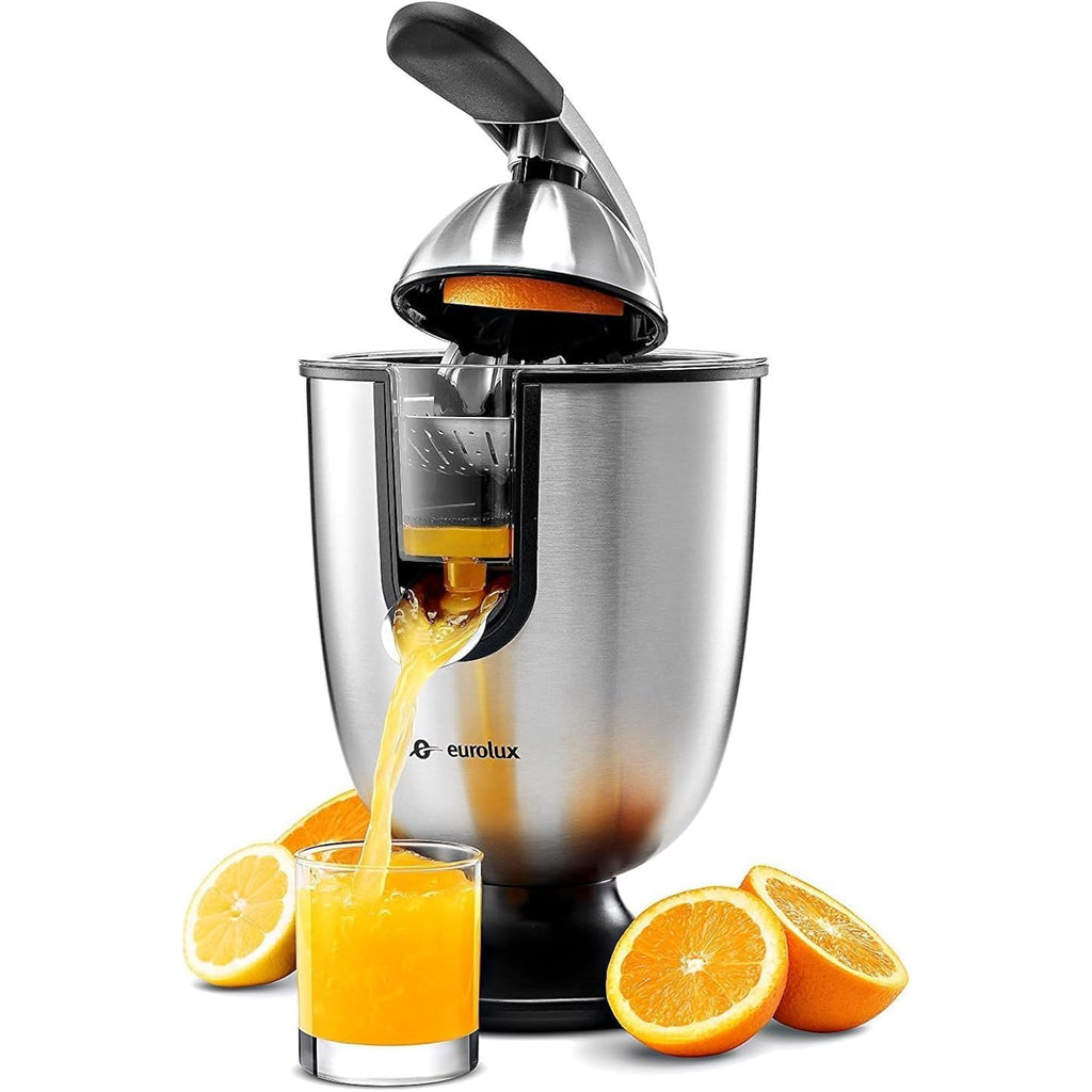 Eurolux Premium Electric Orange Juicer | Stainless Steel Citrus Squeezer With New Ultra-Powerful Motor And Soft Grip Handle For Effortless Juicing, Auto Shutoff, Dishwasher-Safe Parts, Pulp Control