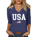 Womens 3/4 V Neck Sleeve American Flag Shirts 4th of July Summer Shirts Graphic Tops