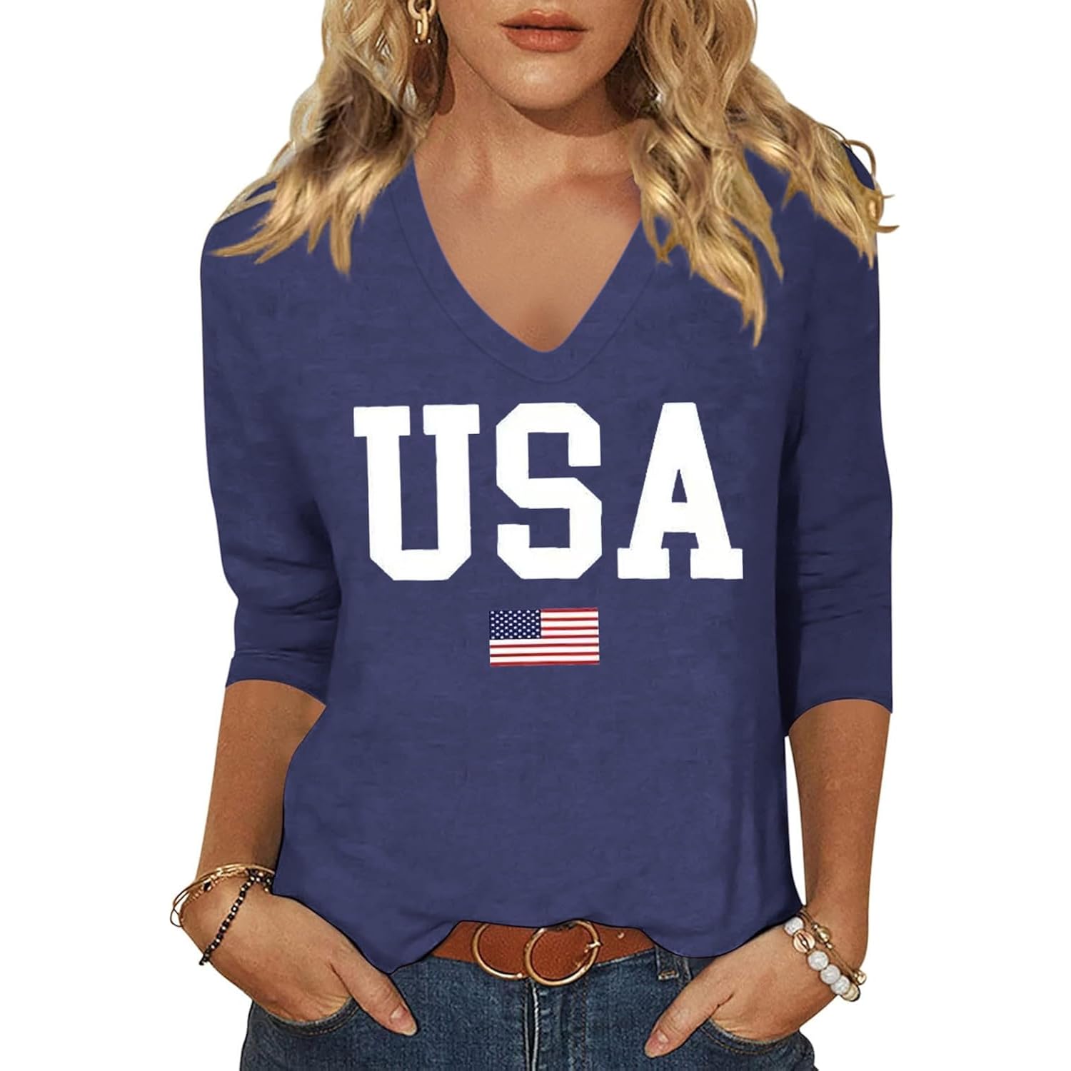 Womens 3/4 V Neck Sleeve American Flag Shirts 4th of July Summer Shirts Graphic Tops