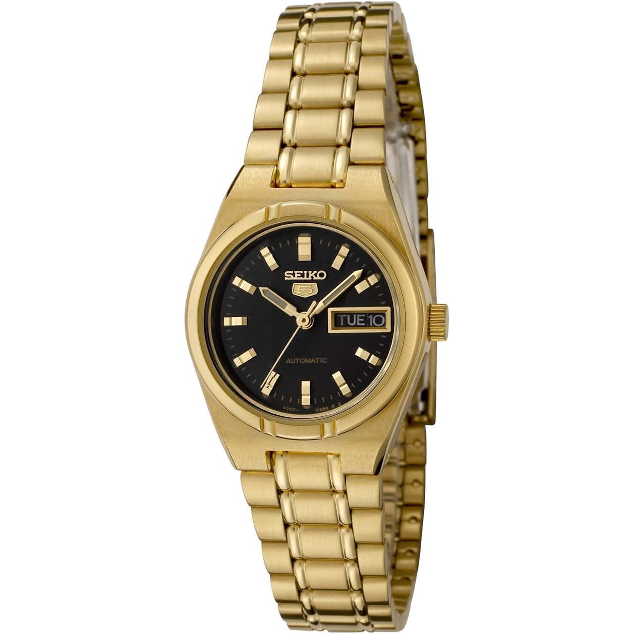 Seiko Women'S Sym602 Seiko 5 Automatic Black Dial Gold-Tone Stainless Steel Watch