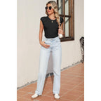 Sidefeel Womens Tops Casual Crewneck Cap Sleeve Tops Ribbed Raw Hem Summer T Shirts Slim Fit Basic Tees Blouses