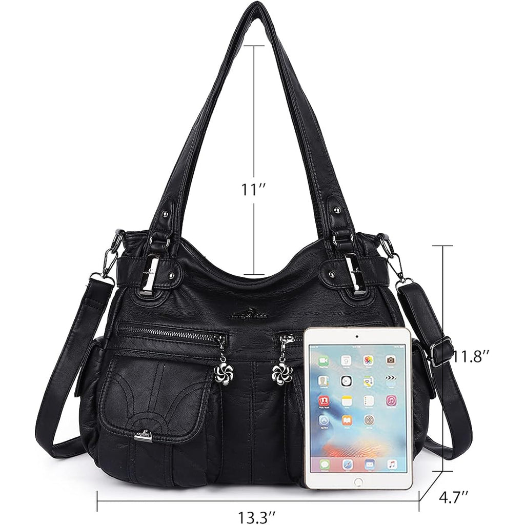 Angel Kiss Women'S Designer Handbag Large Double Zipper Multi Pocket Washed Leather Purse