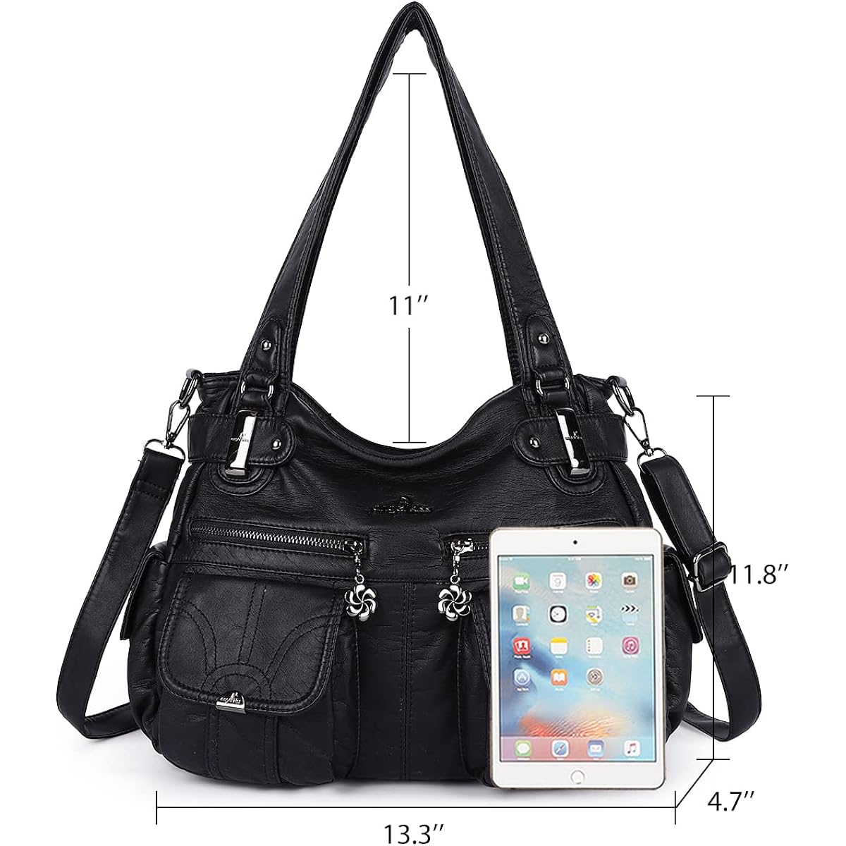 Angel Kiss Women'S Designer Handbag Large Double Zipper Multi Pocket Washed Leather Purse