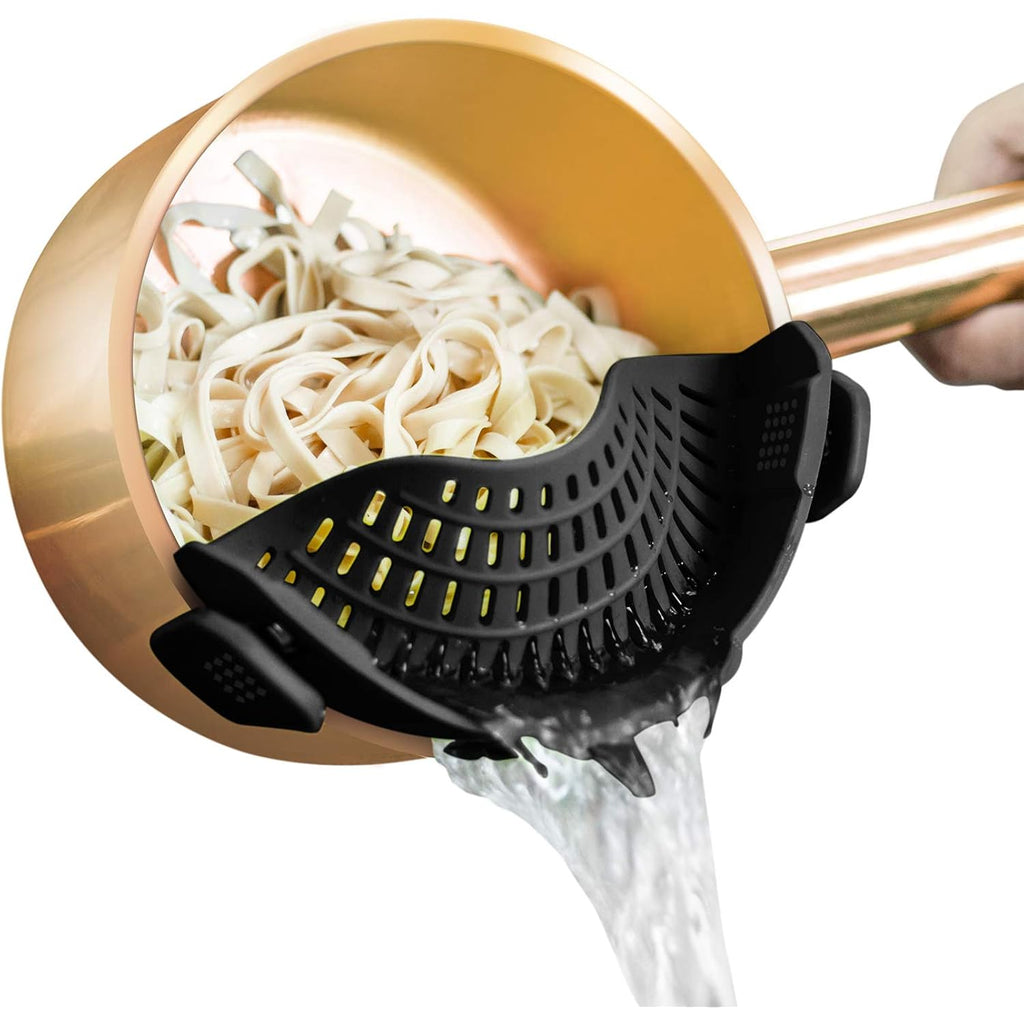 Auoon Clip On Strainer Silicone For All Pots, Standard 8.86 X 3.55In, Black | Food-Grade Bpa-Free, Fits Pots Pans Bowls, Dishwasher Safe, For Pasta Noodles Vegetable Fruits, Space-Saving Kitchen Gadget
