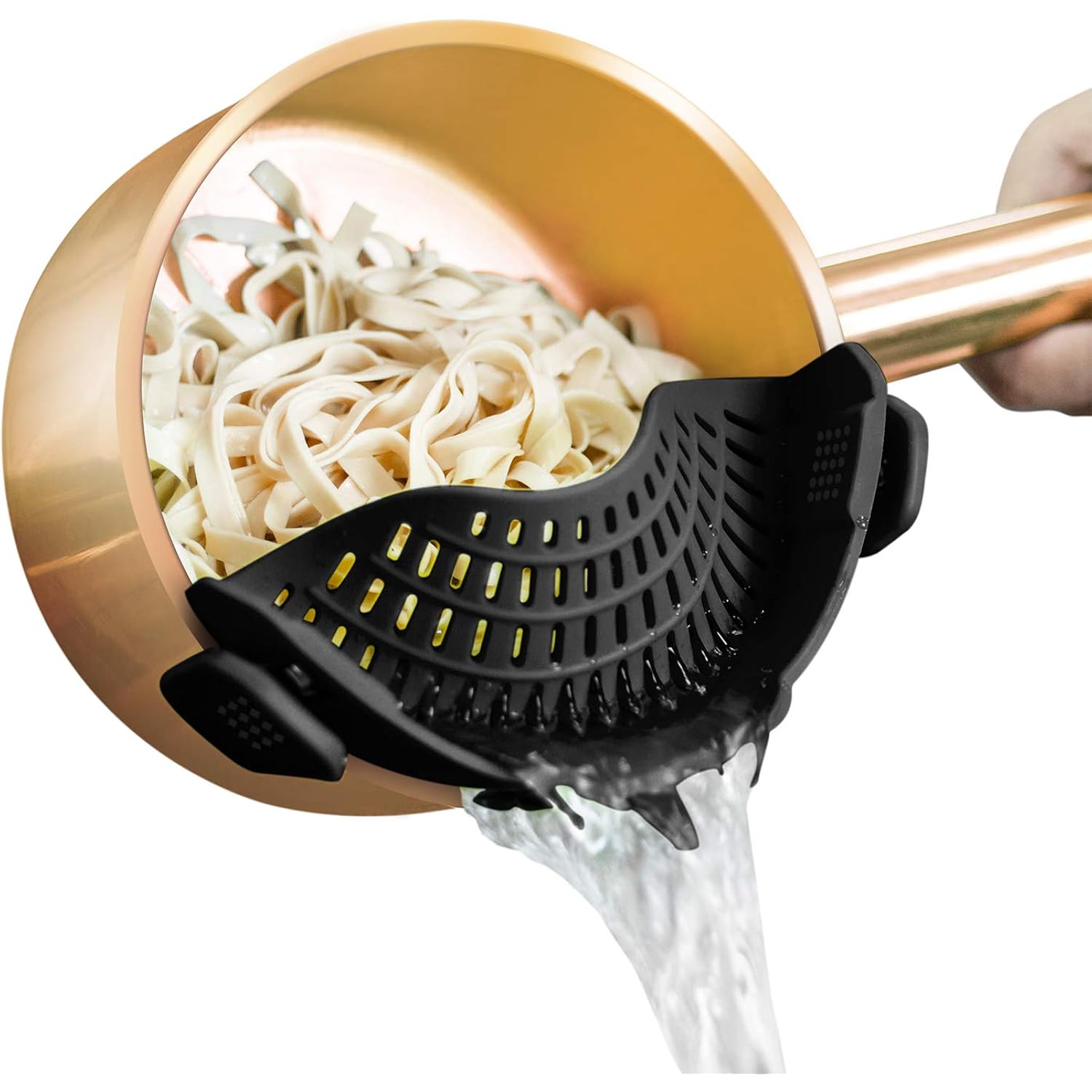Auoon Clip On Strainer Silicone For All Pots, Standard 8.86 X 3.55In, Black | Food-Grade Bpa-Free, Fits Pots Pans Bowls, Dishwasher Safe, For Pasta Noodles Vegetable Fruits, Space-Saving Kitchen Gadget